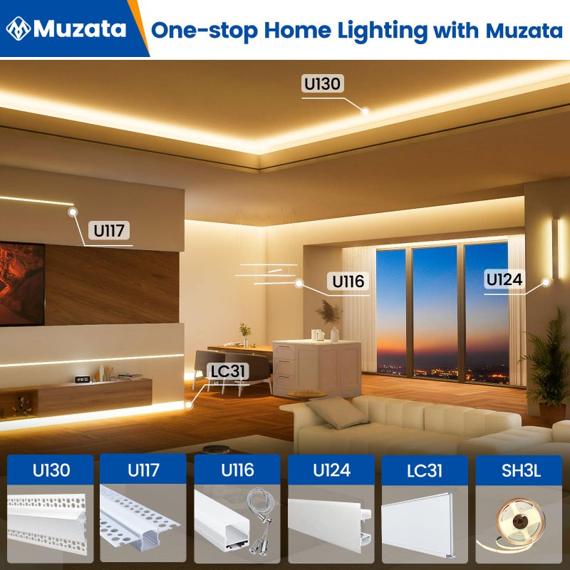 Muzata 5Pack 3.3FT/1M Plaster in LED Channel Trimless Recessed LED Strip Diffuser Channel Spotless Deeper Wider for Drywall Ceiling Wall U117 WW 1M - Image 5